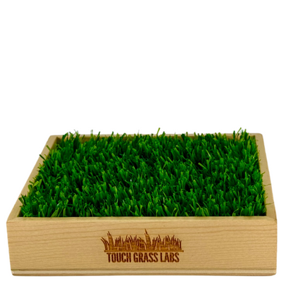 The Touch Grass Classic is a wooden box with fake grass based on the phrase, "Go Touch Grass," featuring 'Touch Grass Labs' branding.